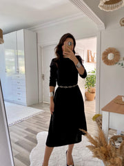 Kadın Uzun Truvakar Kol Bisiklet Yaka Midi Modal Elbise