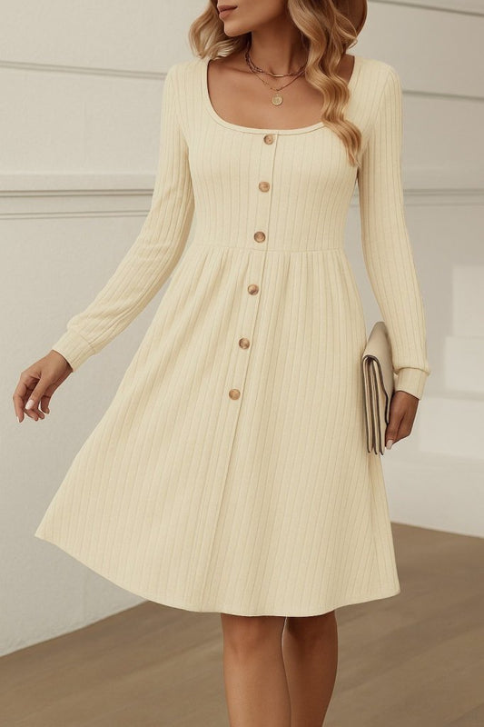 Kadın Uzun Kollu Kare Yaka Düğmeli Kısa şardonlu Iki Iplik Mini Elbise