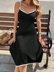 Kadın Ip Askılı Geniş V Yakalı Midi Janjan Krep Elbise