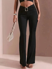 Kadın Yüksek Bel Tokalı Ispanyol Paçalı Dalgıç Pantolon