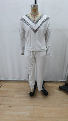 Kadın Uzun Kollu V Yakalı Pulpayetli Viskon Iki Iplik Bluz Ve Pantolon