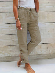 Kadın Yüksek Bel Lastikli Yandan Düğmeli Ithal Keten Pantolon