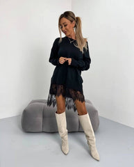 Kadın Uzun Kollu Kayık Yaka Peteği Dantel Güpür Detay 3 Iplik Kumaş Mini Elbise