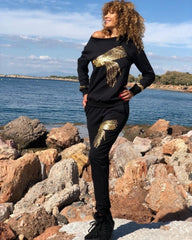 Kadın Uzun Kollu Tavus Kuşu Baskılı Iki Iplik Ikili Takım