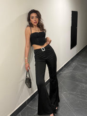 Kadın Yüksek Bel Tokalı Ispanyol Paçalı Dalgıç Pantolon