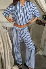 ÇİZGİLİ CROP GÖMLEK - SALAŞ PANTOLON TAKIM MODAL - Bej