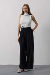 Pileli Bağcıklı Oversize Pantolon - Siyah