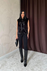 Ekru Fiyonklu Peluş Yelek
