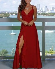 Kadın Ip Askılı Dekolteli Yırtmaç Detay Krep Elbise