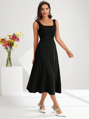 Kadın Askılı Kare Yakalı Midi Ithal Krep Elbise