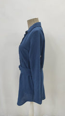 Kadın Uzun Kollu Yakalı önden Düğmeli Beli Kuşaklı Mini Ithal Keten Elbise