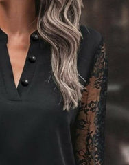 Kadın Uzun Kollu Yaka Düğme Detay Güpürlü Kol Krep Bluz