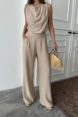 DEGAJE YAKA KOLSUZ BLUZ - PANTOLON TAKIM - Bej