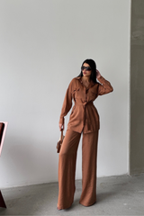 SİMLİ KUMAŞ SALAŞ PANTOLON - GÖMLEK TAKIM - Gri