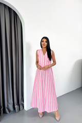 KETEN ÇİZGİLİ YELEK - UZUN ETEK TAKIM - Mavi