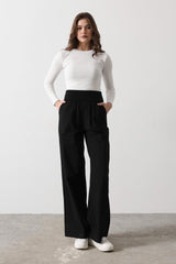 Katlanabilir Bel Pantolon - Siyah