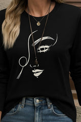 Kadın Uzun Kollu Bisiklet Yaka Yüz Desenli Viskon Bluz