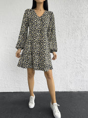 Kadın Uzun Kollu V Yaka çiçek Desenli Helen Kumaş Elbise