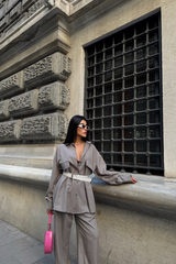 ÇİZGİLİ ARKA TASARIM  DETAYLI  GÖMLEK-PANTOLON TK - Gri