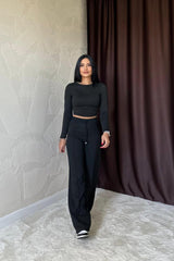 Siyah Bel Büzgülü Pantolon