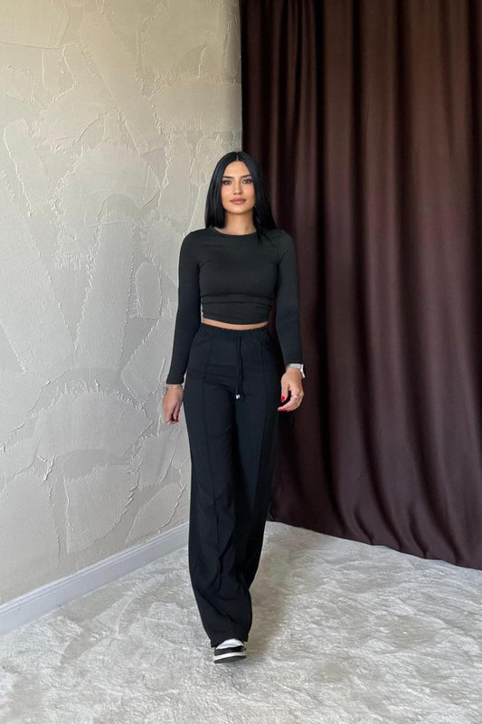Siyah Bel Büzgülü Pantolon