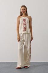 Boncuk İşlemeli Askılı Pantolon Takım - Natür