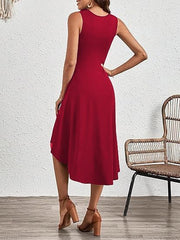 Kadın Sıfır Kollu Bisiklet Yaka Büzgülü Asimetrik Kesim Detaylı Janjan Krep Elbise