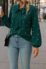 Kadın Uzun Kollu Yakadan Fiyonklu Incili Ithal Krep Bluz