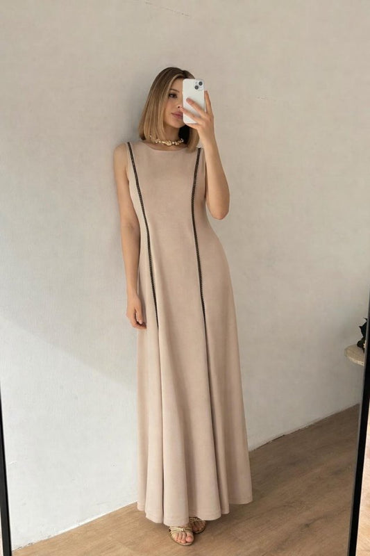 Kadın Bisiklet Yaka Kolsuz şerit Ve Plise Detay Maxi Boy Elbise