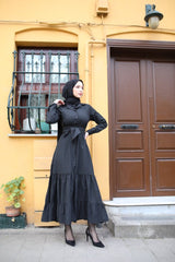 Kadın Uzun Kollu Eteği Fırfırlı Beli Kuşaklı Trikoton Tam Boy Gömlek Elbise