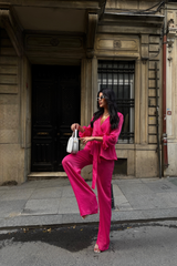 SATEN KRUVAZE BAĞLAMALI BLUZ- PANTOLON TAKIM - Siyah