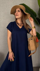 Kadın Kısa Kollu V Yaka Salaş Maxi Boy Elbise
