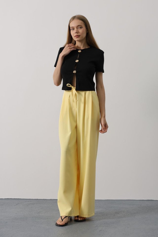 Pileli Bağcıklı Oversize Pantolon - Siyah