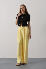 Pileli Bağcıklı Oversize Pantolon - Siyah