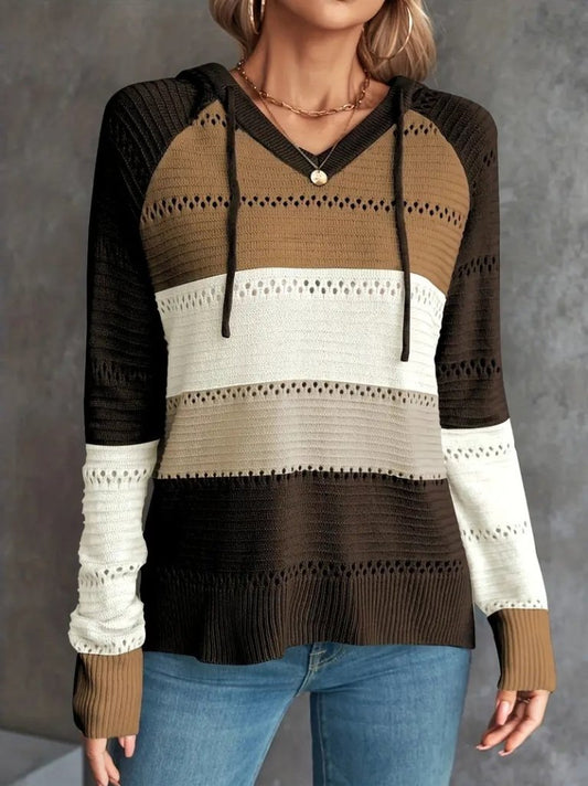 Kadın Uzun Kollu V Yakalı Bağcıklı Kapşonlu Triko Bluz
