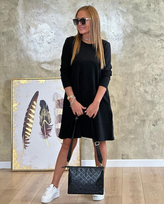 Kadın Uzun Kollu Bisiklet Yaka Cep Detay Etek Ucu Volanlı Iki Iplik Elbise