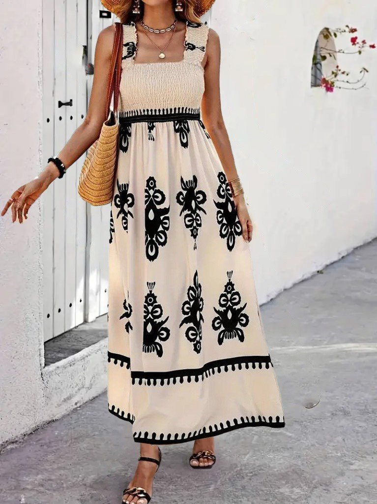 Kadın Askılı Kare Yaka Gipe Detaylı Desenli Suprem Elbise