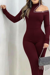 Kadın Tek Omuzdan Açık Balıkçı Yaka Taş Detaylı Uzun Ithal Krep Tulum