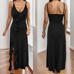 Kadın Ip Askılı Dekolteli Yırtmaç Detay Krep Elbise