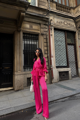 SATEN KRUVAZE BAĞLAMALI BLUZ- PANTOLON TAKIM - Siyah