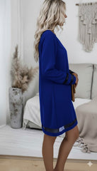 Kadın Uzun Kollu V Yakalı Tül şerit Detaylı Mini Krep Elbise