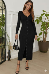 Kadın Uzun Kollu V Yakalı önden Düğmeli şardonlu Kaşkorse Elbise