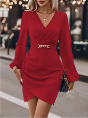 Kadın Uzun Kollu Kruvaze Yaka önden Asimetrik Detay Kısa Krep Elbise