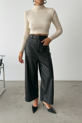 ÖN CEP DETAYLI DERİ PANTOLON - Siyah