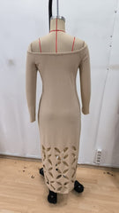 Kadın Madonna Yaka Uzun Kollu Lazer çiçek Kesim Detaylı Uzun Ithal Krep Elbise