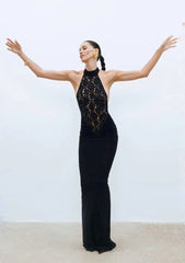 Kitap Okuyalım Mı Kitap Getir Kadın Halter Yaka Fantel Transparan Ve Sırt Dekoltesi Detay Maxi Boy Elbise