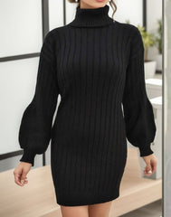 Kadın Uzun Kollu Boğazlı Uzun Balon Kol Triko Mini Elbise