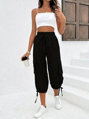 Kadın Yüksek Bel Beli Lastikli Bağcıklı Cepli Kargo Viskon Iki Iplik Pantolon