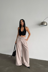 TASARIM SALAŞ  PANTOLON BEL İP DETAYLI - Bej