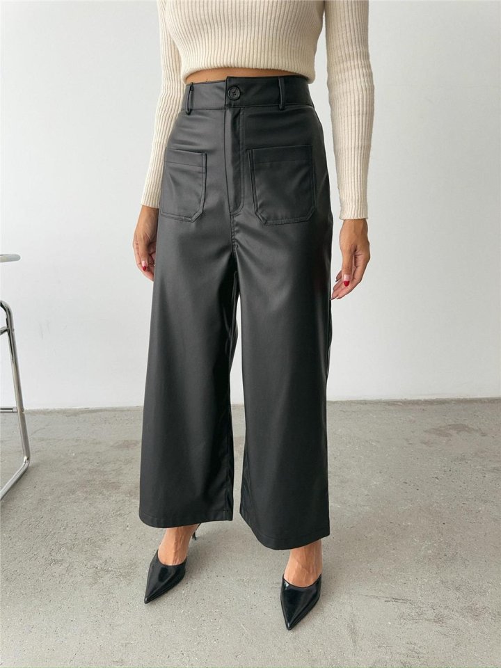 ÖN CEP DETAYLI DERİ PANTOLON - Siyah